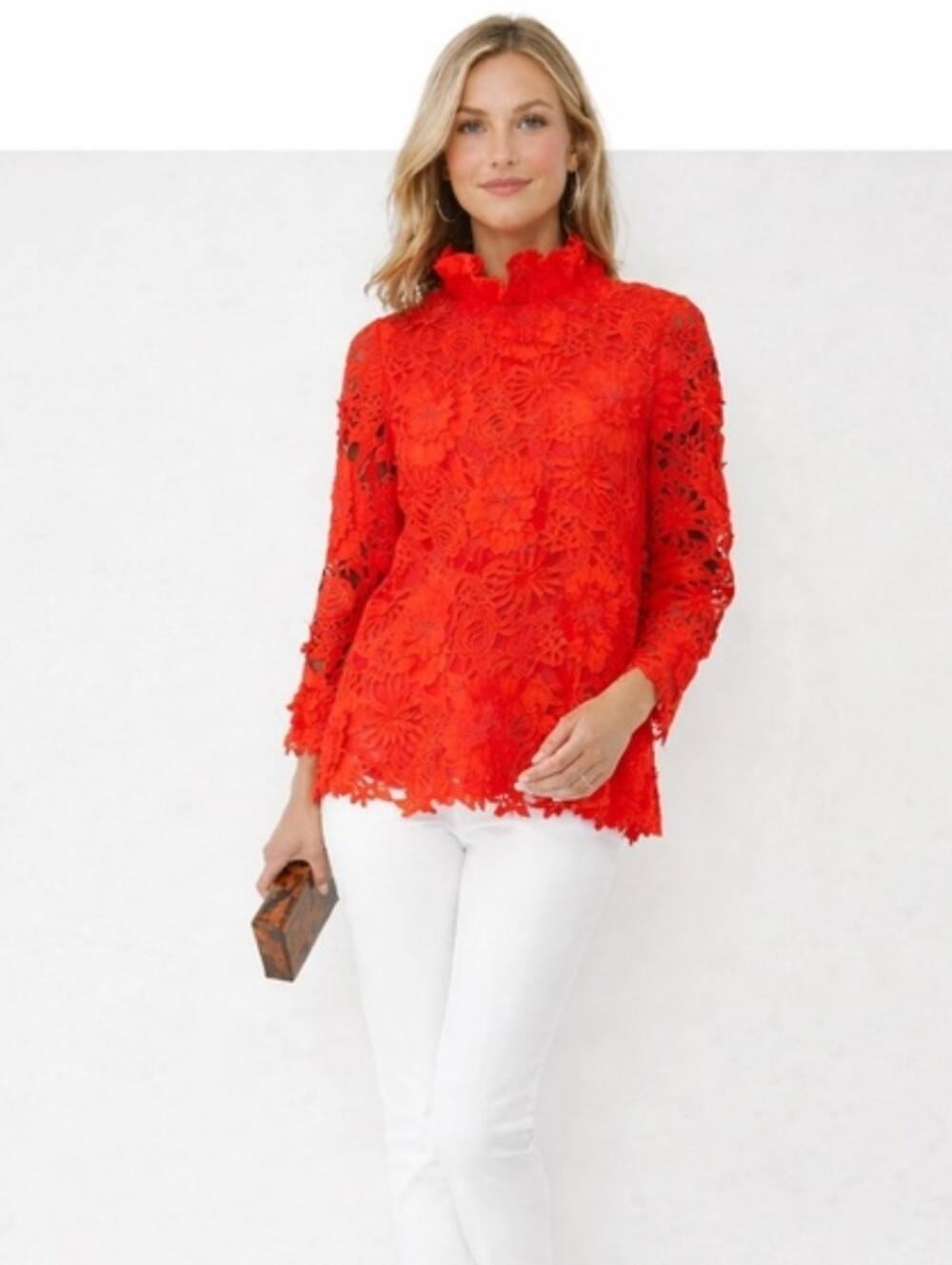 Tuckernuck Red Faye Guipure Lace Floral High Neck Ruffle Bow Back Blouse Size XS